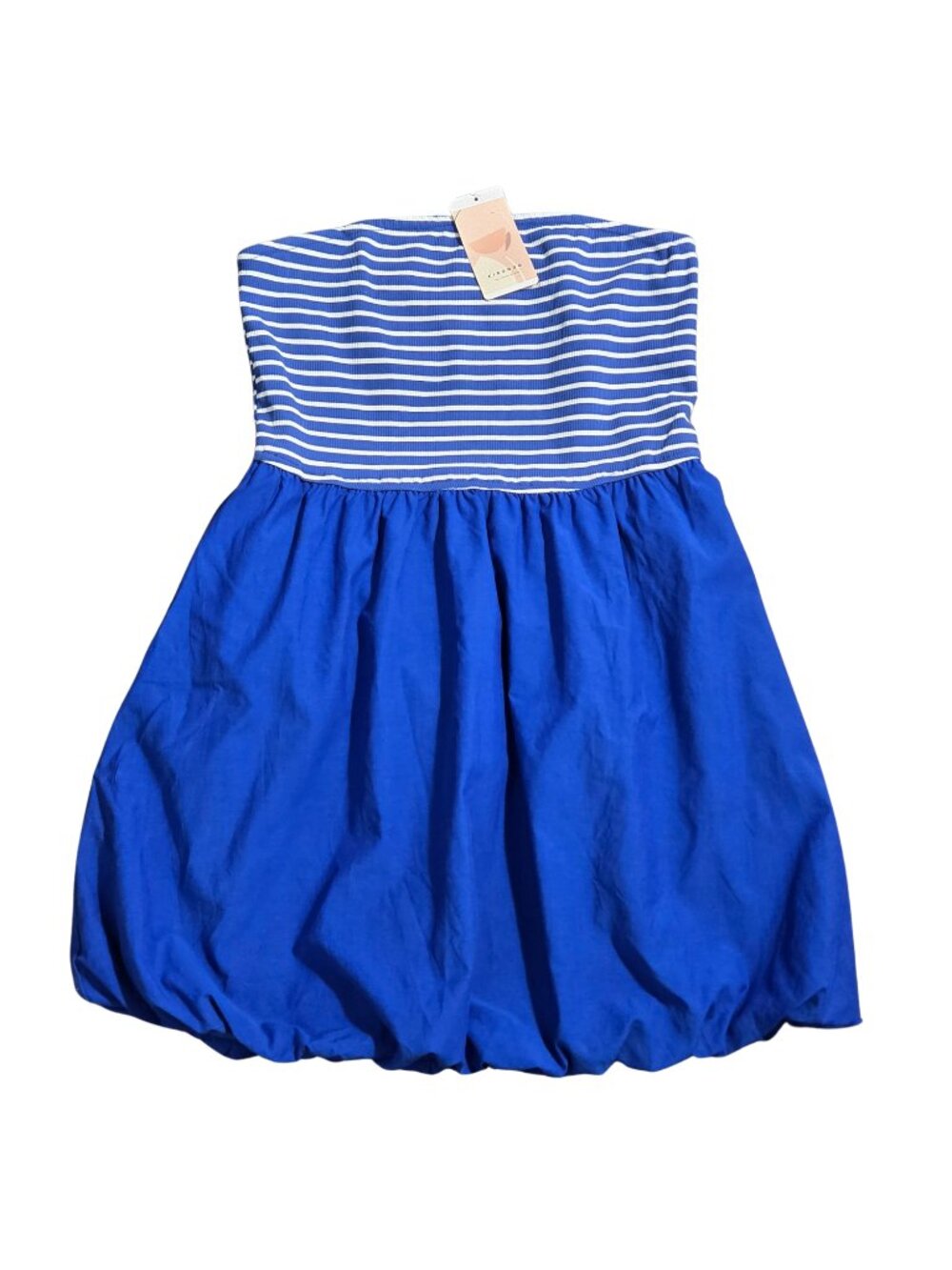 NWT | KIRUNDO Royal Blue Striped Strapless Bubble Hem Mini Dress Large